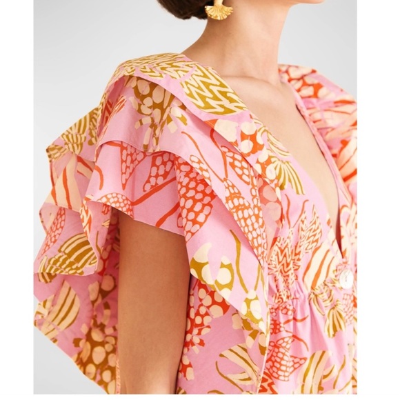 Anthropologie Farm Rio Mixed Lobsters Pink Ruffle Sleeve Mini Dress S - Picture 5 of 14